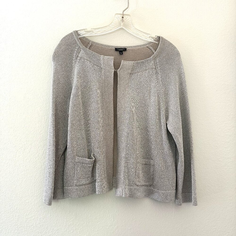 TALBOTS Women's Linen Metallic Cardigan Sweater 3/4 Sleeve Shimmer Silver Size L